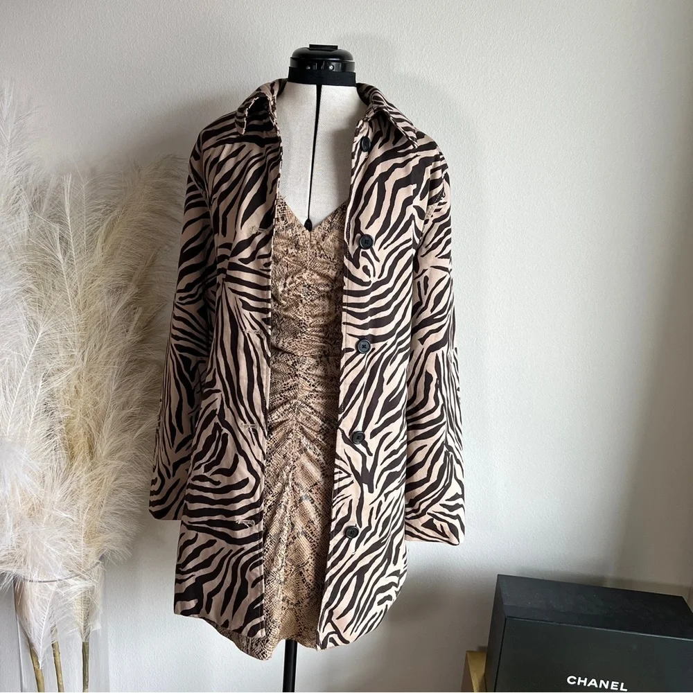 Vintage Chaps Black Tan Animal Zebra Print Trench Coat - Picture 7 of 14